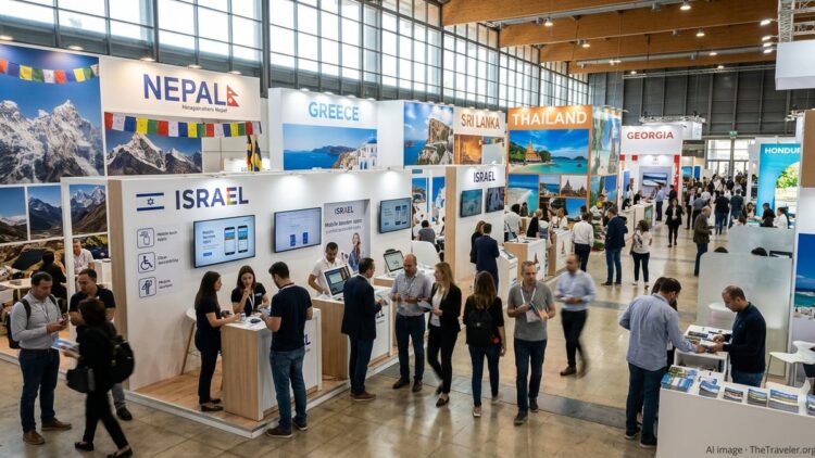 Busy IMTM exhibition hall in Tel Aviv with Nepal, Greece and Israel tourism booths and visitors exploring travel displays.