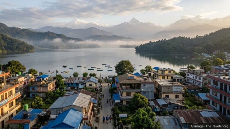 Morning view of Pokhara’s lakeside hotels, homes and Phewa Lake with hazy Annapurna peaks in the distance.