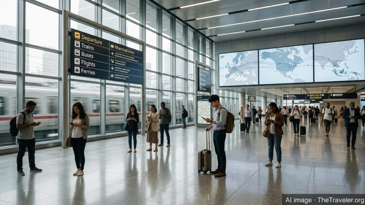 Travelers using smartphones in a modern multimodal transport terminal with digital departure boards.