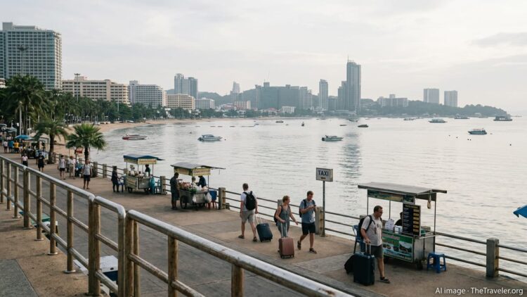 View over Pattaya Bay with hotels, boats and travelers along the waterfront promenade.