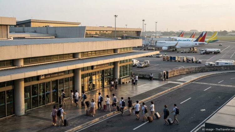 Travelers from Japan and South Korea walking into Manila airport as Philippine Airlines and Cebu Pacific jets sit at nearbyg