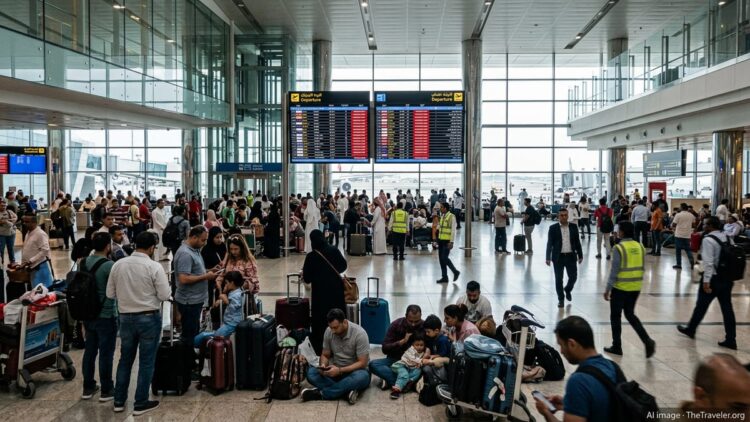 Stranded travelers crowd around a departure board showing multiple cancelled flights in a Gulf airport terminal.