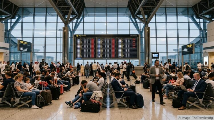 Stranded passengers wait under a departure board showing cancelled flights in a busy airport terminal.