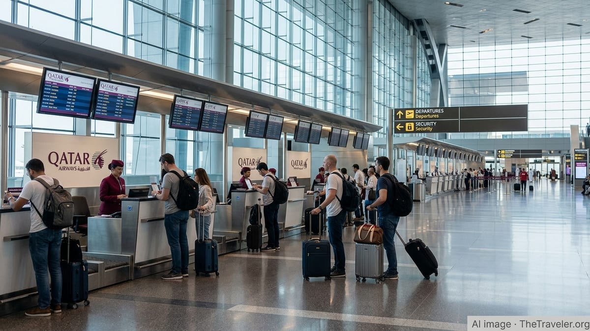Travelers at Qatar Airways check-in counters at Doha Hamad International Airport.