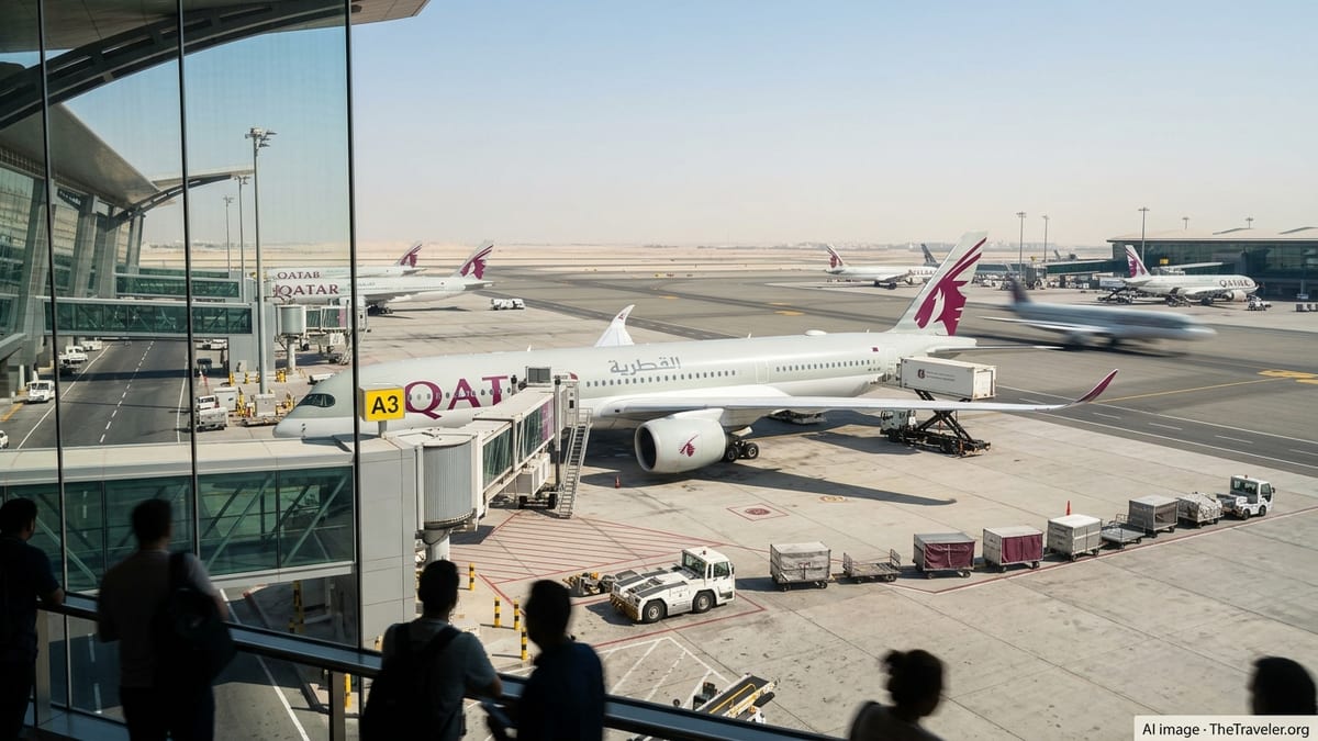 Qatar Airways aircraft at a busy Doha airport gate with multiple jets on the apron.