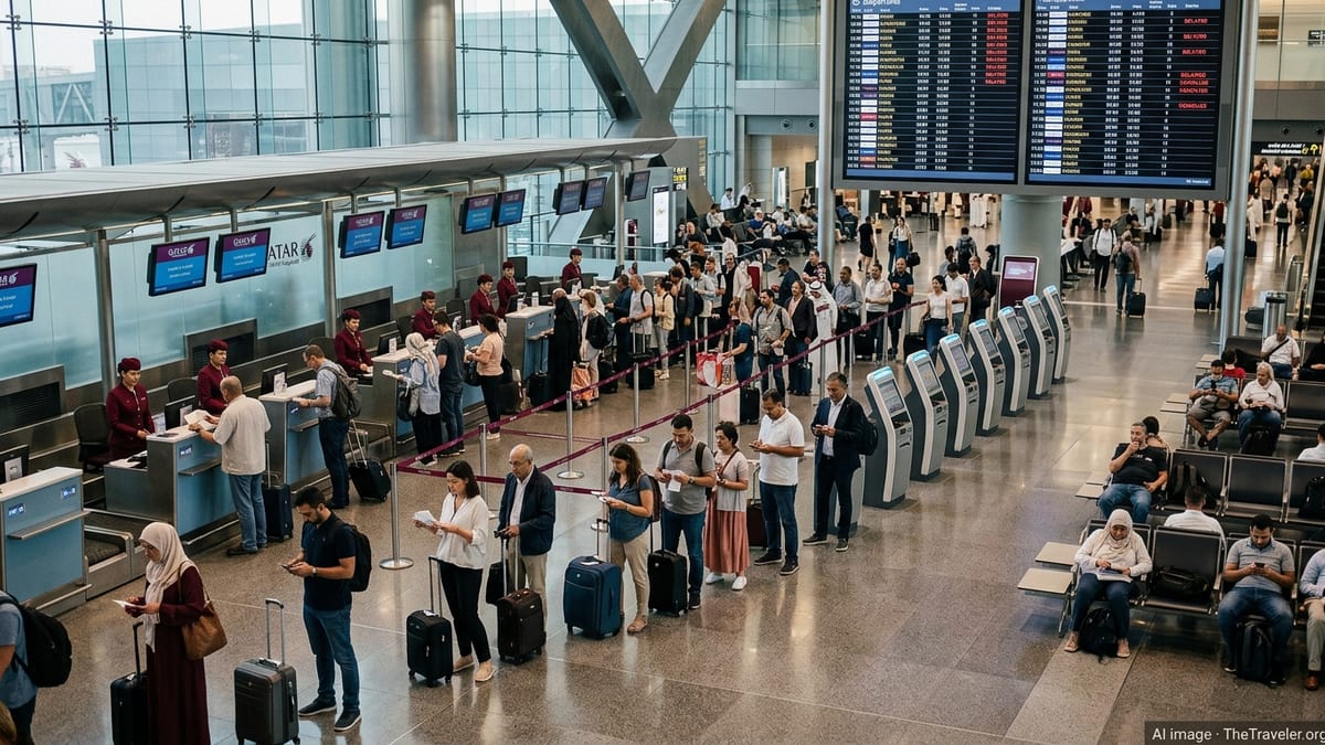 Passengers queue at Qatar Airways check in desks as staff assist during travel disruptions.