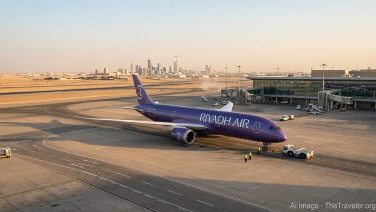 Riyadh Air widebody aircraft in purple livery taxiing at Riyadh airport at sunset.