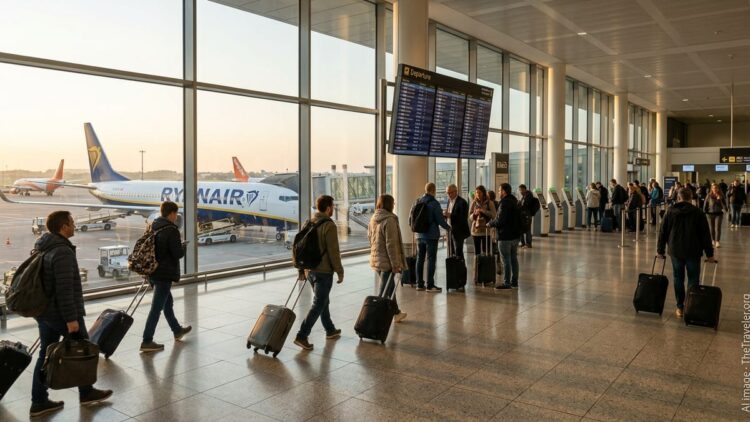 Travelers walking through a bright European airport terminal toward a Ryanair jet at the gate.