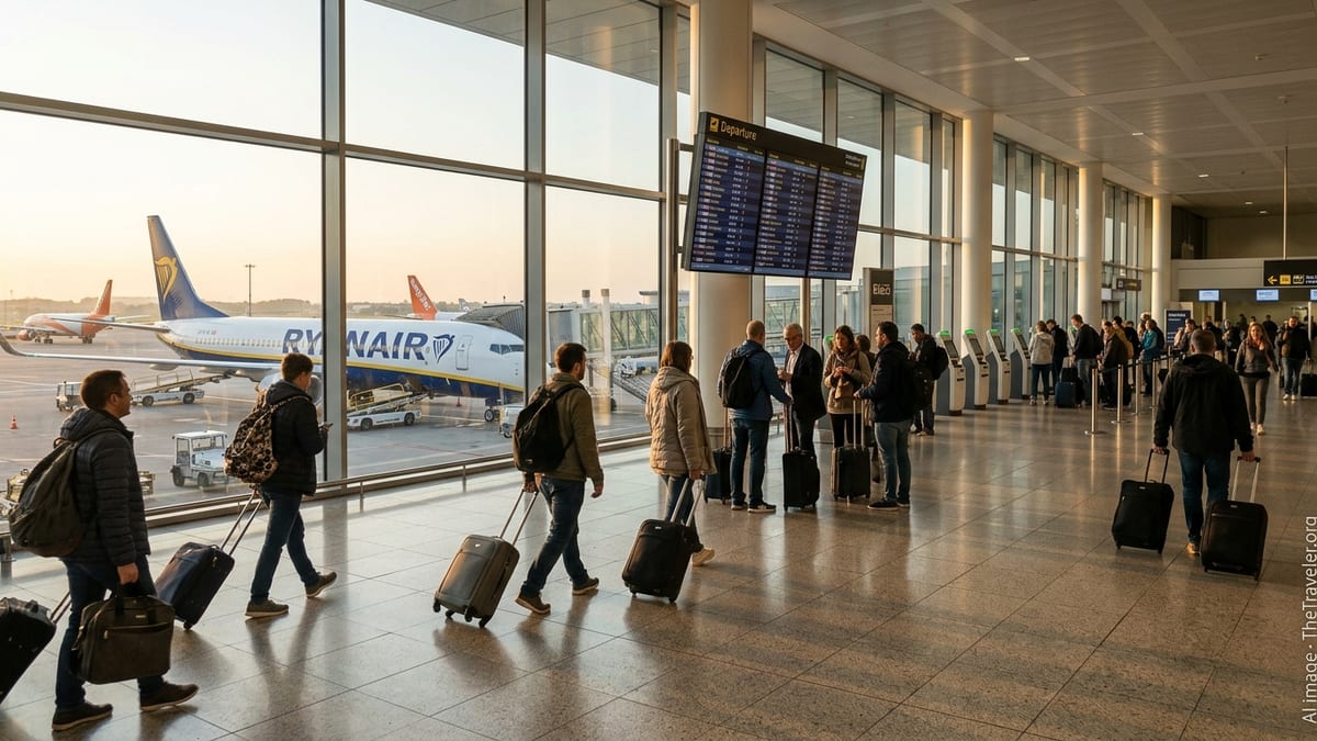 Travelers walking through a bright European airport terminal toward a Ryanair jet at the gate.
