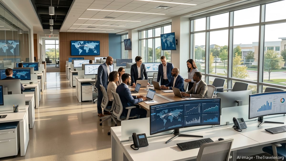Travel technology staff collaborate in a modern airline operations center at Sabre’s Texas headquarters.