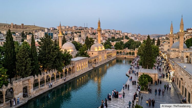 Evening view of Şanlıurfa’s Balıklıgöl area with mosques, pools and visitors under a soft twilight sky.