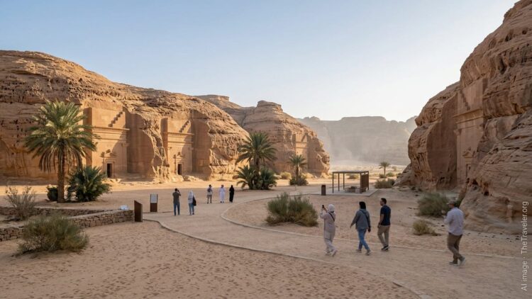 Visitors walking along a path past ancient rock-cut tombs in Saudi Arabia’s AlUla at golden hour.