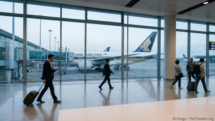 Travelers in a modern terminal with a Singapore Airlines jet at the gate at sunrise.