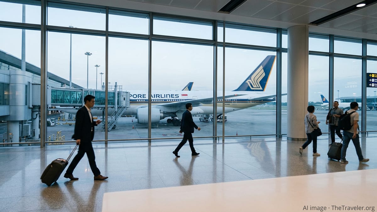 Travelers in a modern terminal with a Singapore Airlines jet at the gate at sunrise.
