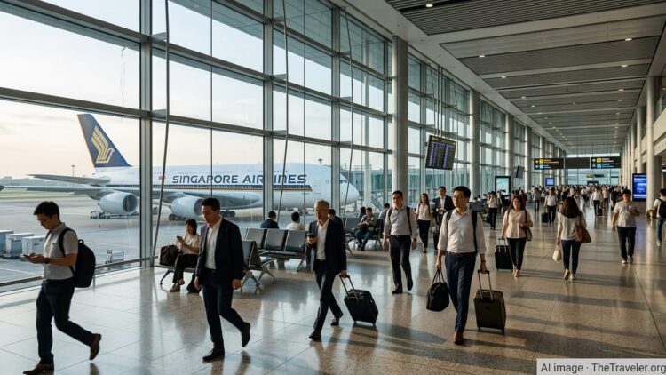 Singapore Airlines jet at a glass-walled Changi Airport gate with travelers moving through the terminal.
