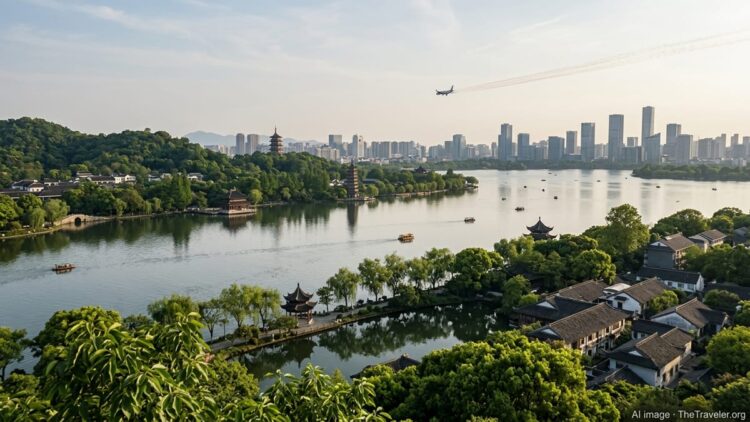 Aerial view of Hangzhou’s West Lake at sunset with city skyline and a jet approaching in the hazy sky.