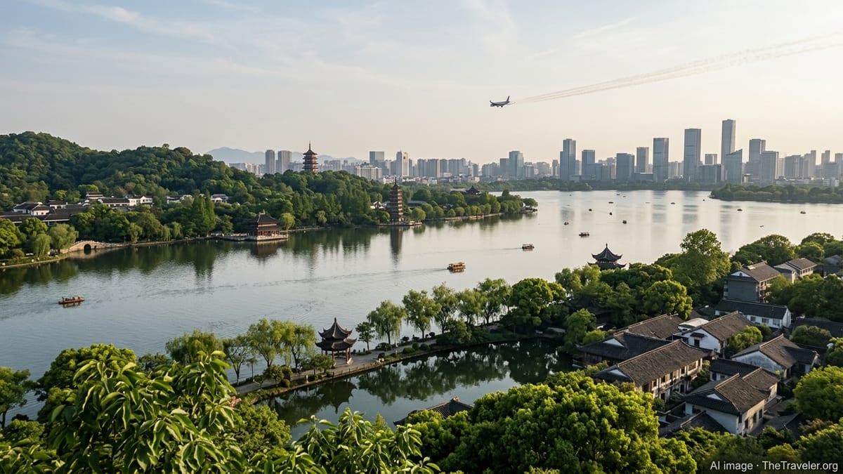 Aerial view of Hangzhou’s West Lake at sunset with city skyline and a jet approaching in the hazy sky.