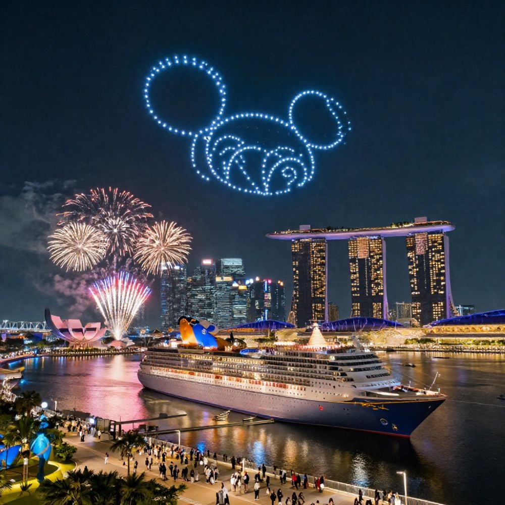 Disney adventure cruise ship near marina bay in singapore