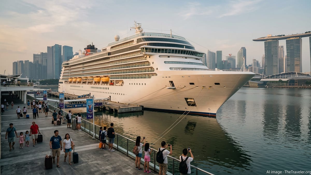 Disney Adventure cruise ship docked in Singapore with Marina Bay skyline at sunset.