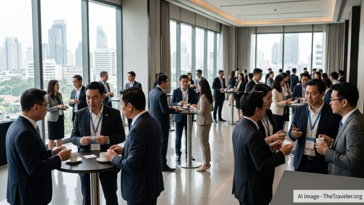 Tourism professionals networking at a Skål International Bangkok event in a modern hotel ballroom.