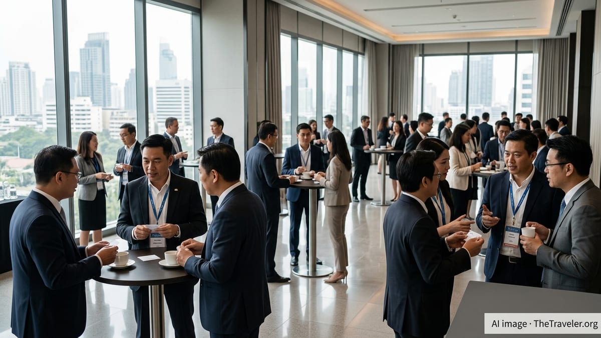 Tourism professionals networking at a Skål International Bangkok event in a modern hotel ballroom.