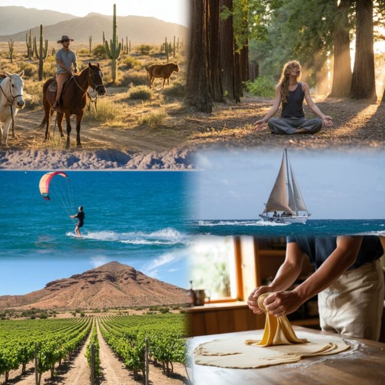 Travel collage showing travelers learning