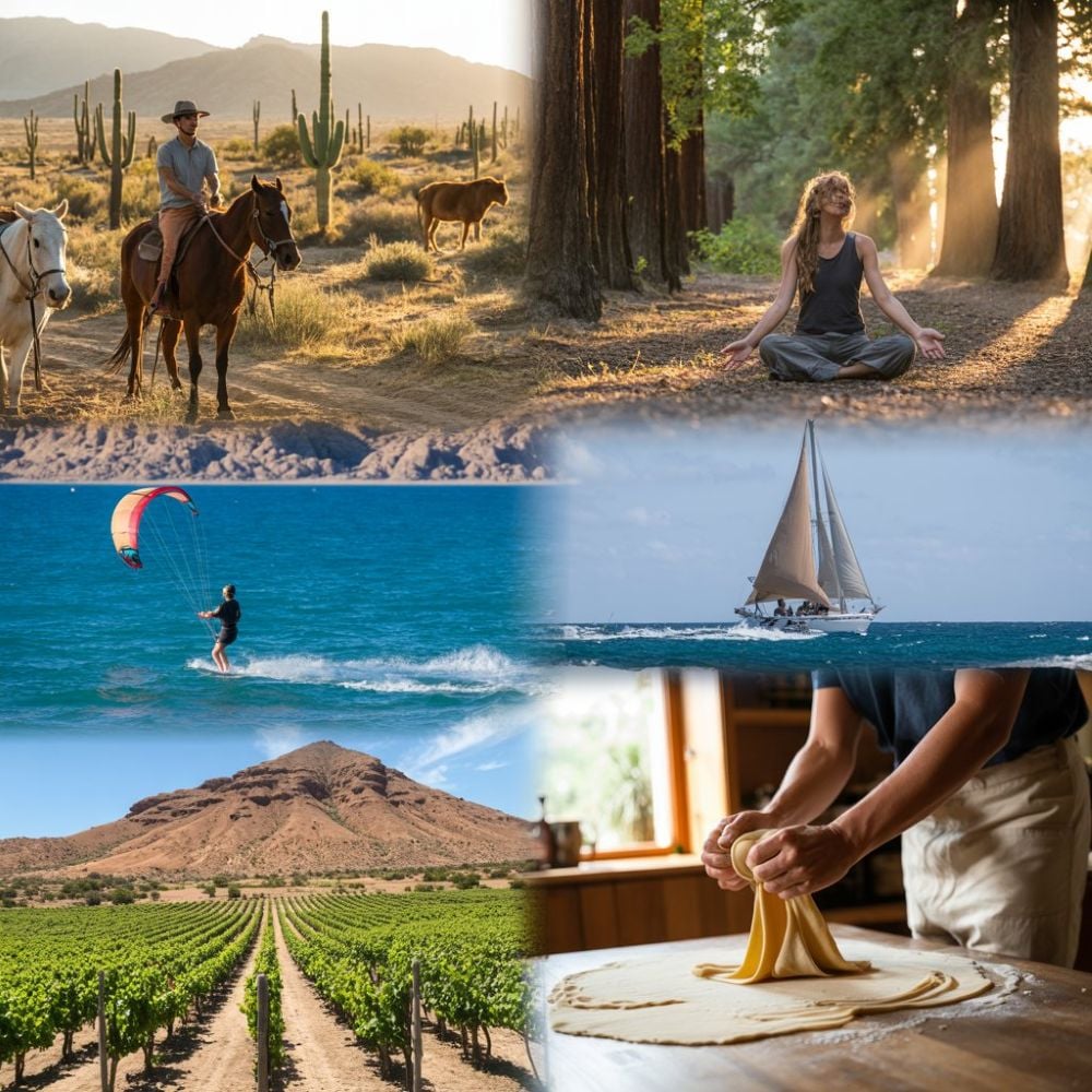 Travel collage showing travelers learning