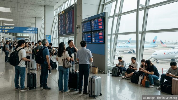 Travelers at Seoul Incheon Airport look at departure boards showing multiple flight cancellations.
