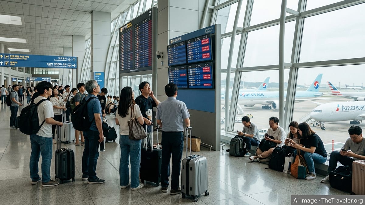 Travelers at Seoul Incheon Airport look at departure boards showing multiple flight cancellations.