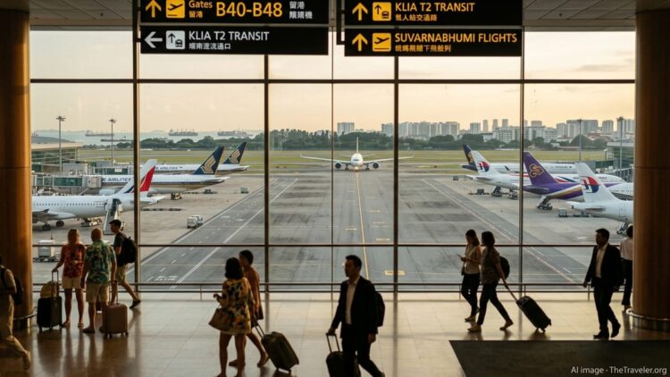 Wide view of a busy Southeast Asian airport terminal with jets at the gates at dusk.