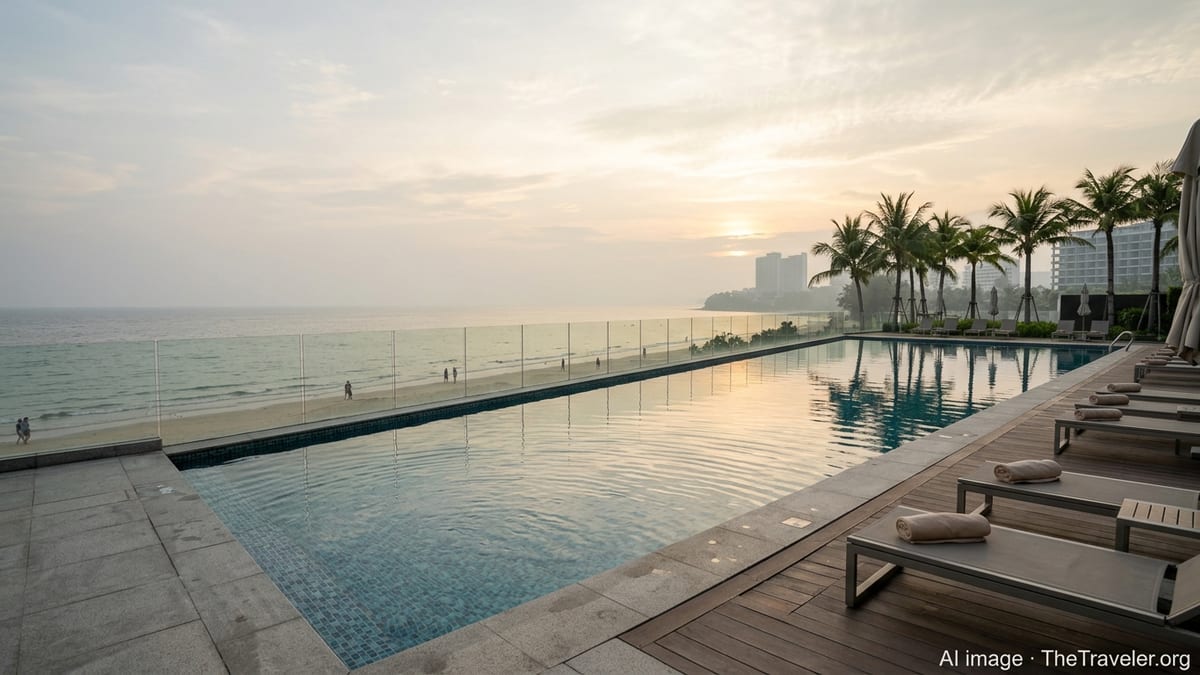 Empty infinity pool at a luxury beachfront hotel in Thailand with few guests visible.