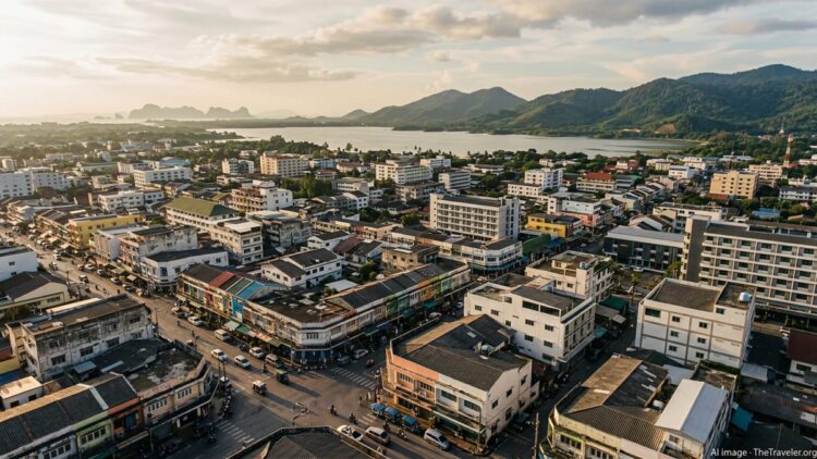 Aerial view of Hat Yai’s cityscape at sunset with hills and distant coastline in Southern Thailand.