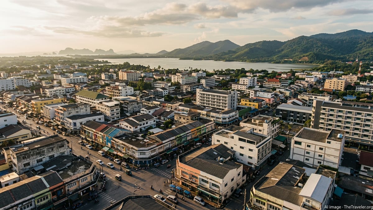 Aerial view of Hat Yai’s cityscape at sunset with hills and distant coastline in Southern Thailand.