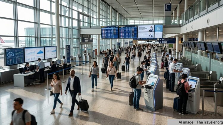 Passengers using digital self-service kiosks in a modern airport terminal with airline staff monitoring data screens in the背景