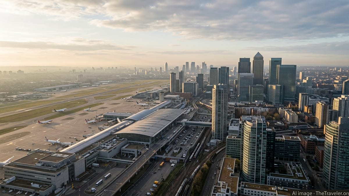 Aerial sunrise view of a financial district and nearby airport with planes taxiing and city skyline in the haze.