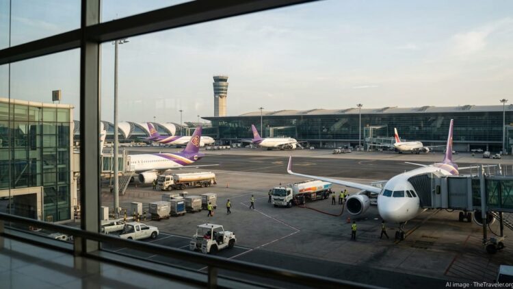Jets being refueled on the apron at Bangkok Suvarnabhumi Airport on a hazy afternoon.