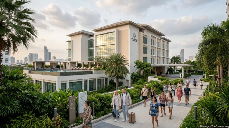 International visitors walking past a modern Bangkok hospital and wellness complex with tropical landscaping.