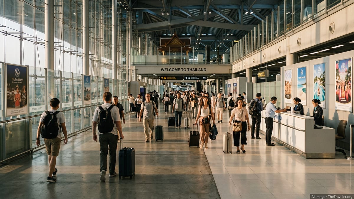 Busy arrivals hall in Bangkok airport with tourists and Thailand welcome signage.