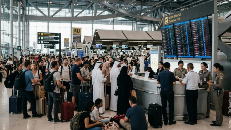 Crowds of international travellers seek assistance in Bangkok airport amid flight cancellations.