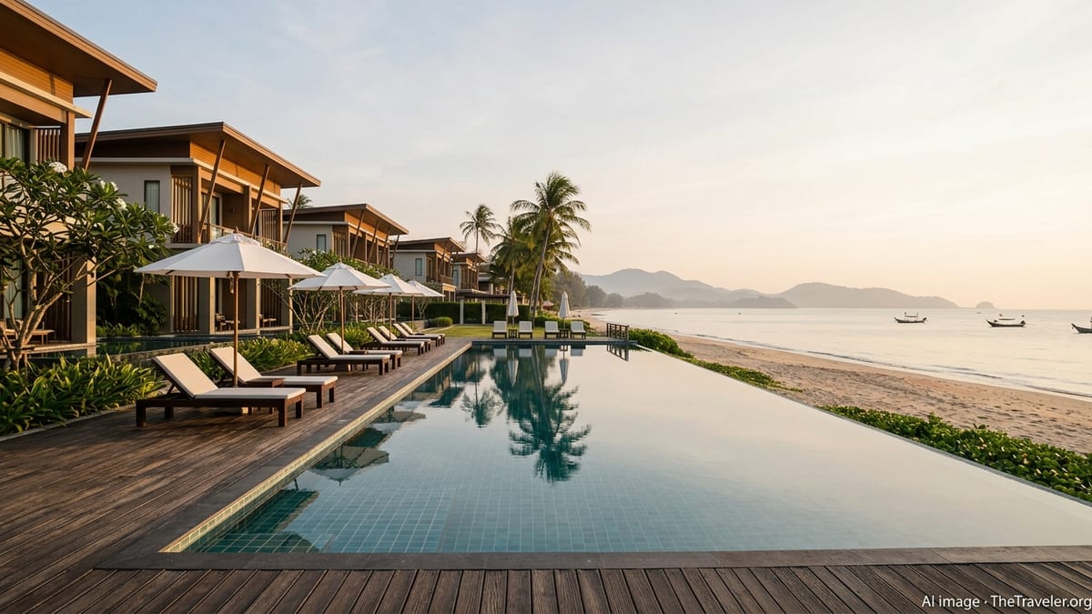 Quiet luxury beachfront resort in Thailand at sunrise with empty poolside loungers.