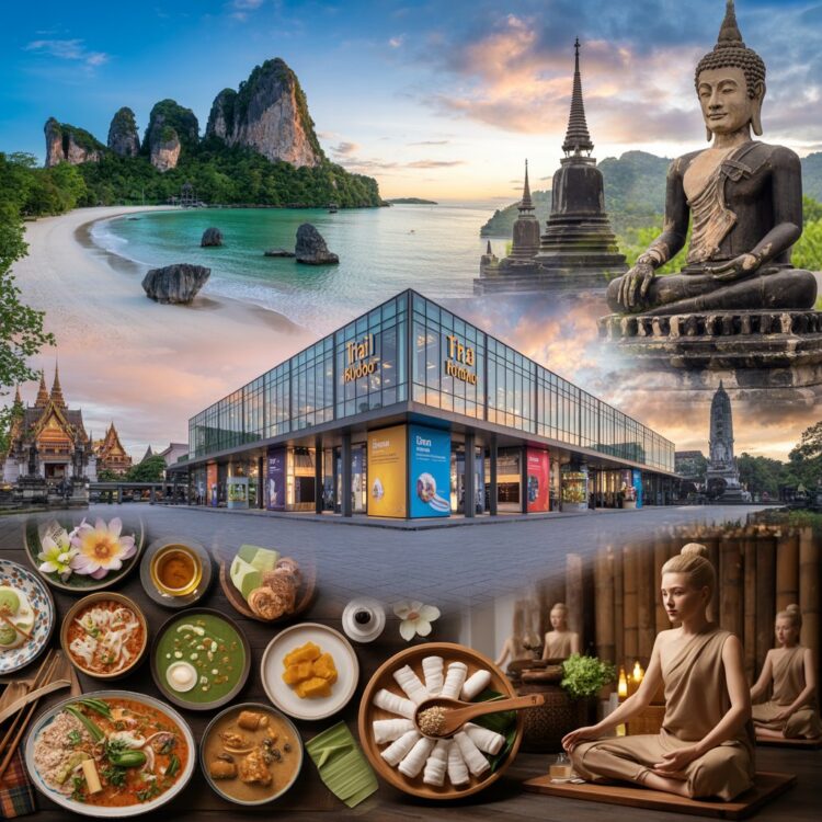 Hyper realistic composite image combining thailand pavilion at itb berlin, krabi tropical beaches, sukhothai ancient temples, thai cuisine and wellness spa imagery with vibrant lighting and cinematic tourism atmosphere.