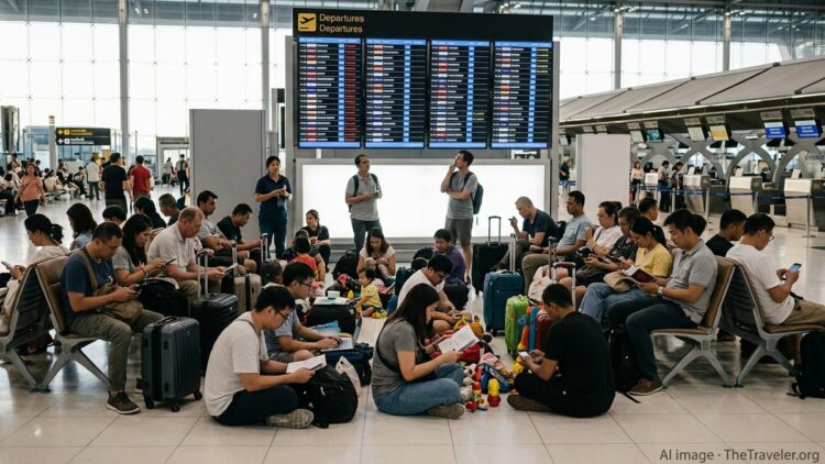 Stranded international travelers sit near a departures board at Bangkok’s Suvarnabhumi Airport.