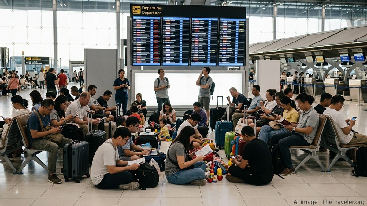 Stranded international travelers sit near a departures board at Bangkok’s Suvarnabhumi Airport.