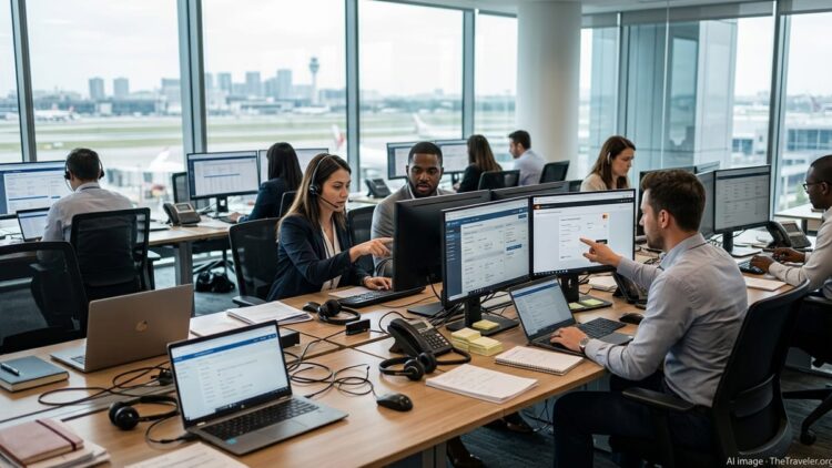 Travel payments team in a modern office managing bookings and secure digital transactions.