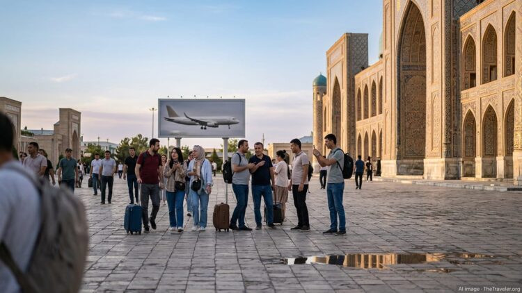 Travelers in a Samarkand square at dusk with historic madrasas and busy pedestrian scene.