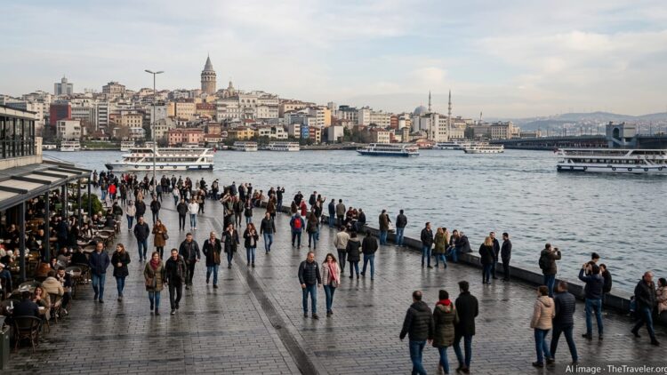 Busy Istanbul waterfront promenade with winter tourists and ferries on the Bosphorus.