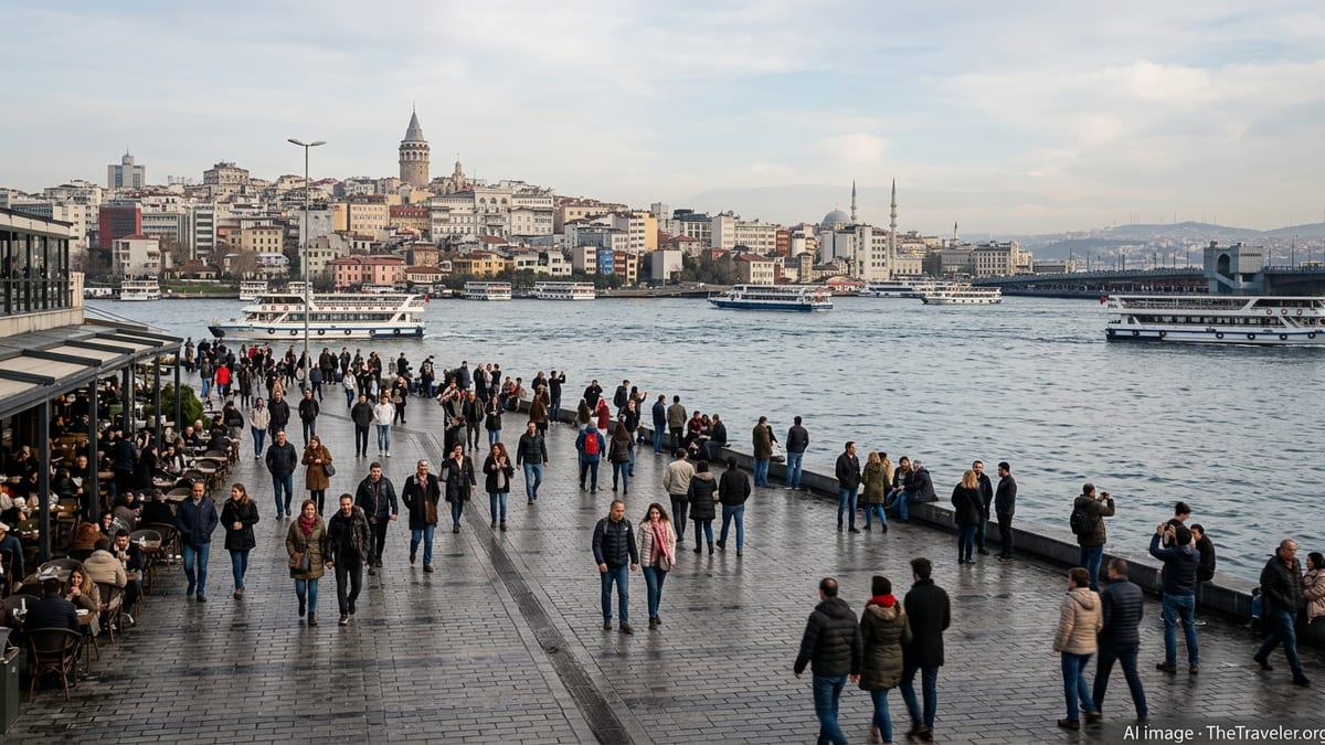 Busy Istanbul waterfront promenade with winter tourists and ferries on the Bosphorus.
