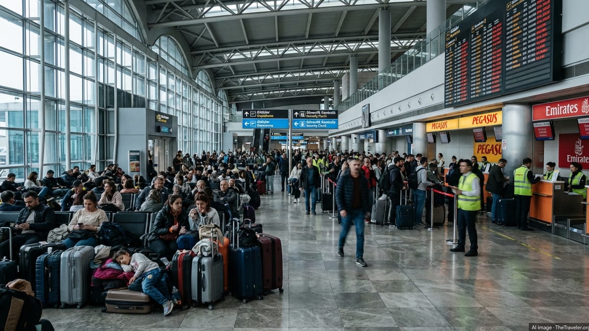 Crowds of stranded passengers waiting at Istanbul airport amid widespread flight cancellations.