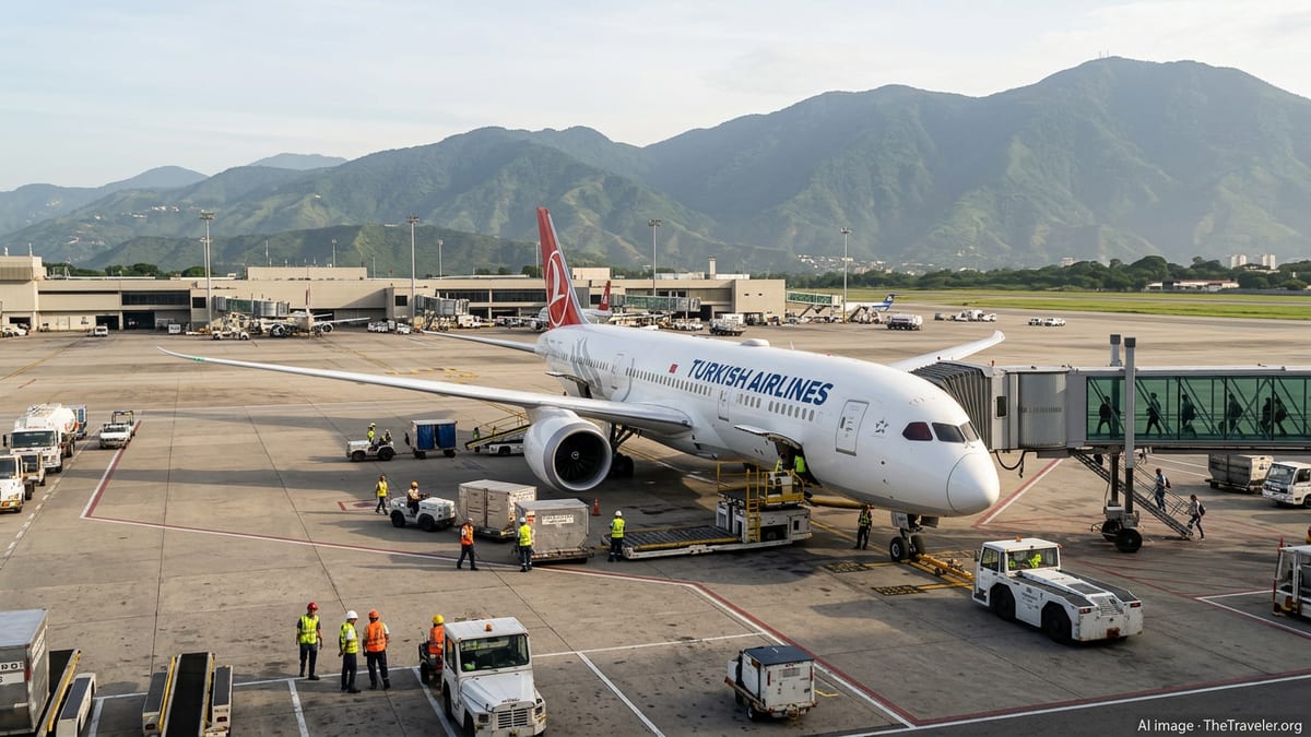 Turkish Airlines Boeing 787 on the tarmac in Caracas with mountains in the background.
