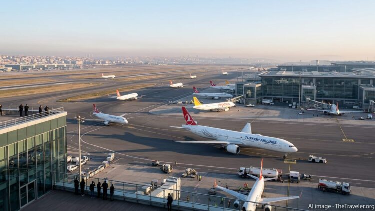 Morning view of busy Istanbul Airport with aircraft and terminals under clear skies.